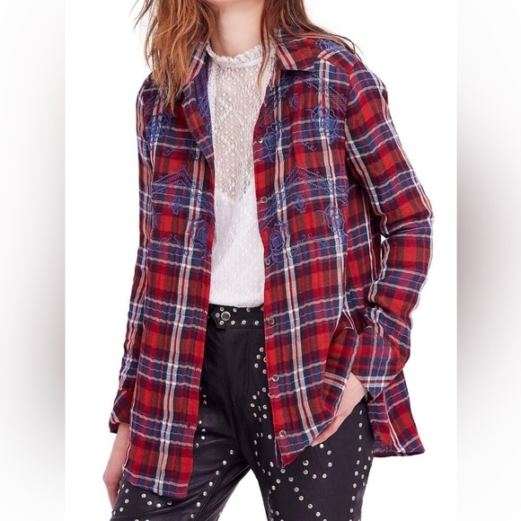 Free People Magical Plaid Embroideree Buttondown Top - Picture 1 of 16